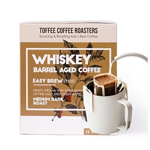 toffee coffee roasters  easy brew hot brew coffee  single malt whiskey barrel aged grounded coffee  pack of 18 sachets  medium dark roast  coffee notes fine malt amp green apple