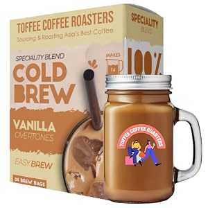 toffee coffee roasters vanilla cold brew bags  free mason jar  pack of 3 bags  makes 12 cups of 100 arabica coffee 180 grams