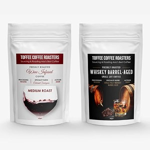 toffee coffee roasters  whiskey barrel aged coffee sampler pack  100 arabica coffees  whiskey and wine barrel aged coffee  glass bottle pack of 2x60 gram  grind drip over