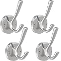 TOFIIGREM Brushed Nickel Wall Hooks, 4 Pack Heavy Duty Coat Towel Hook Metal Double Hook Wall Mounted Hanging, Bath Towel Hooks for Entryway Cubicle Bathroom Closet Garage