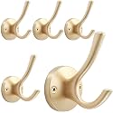 TOFIIGREM Gold Wall Hooks, 5 Pack Coat Robe Hook Heavy Duty Metal Double Bath Hook Wall Mounted, Hand Towel Hooks for Cubicle Bathroom Kitchen Closet Garage