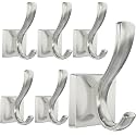 TOFIIGREM Silver Coat Hooks for Wall, Bath Robe Hook for Bathroom, Entryway Hat Hooks for Mudroom Hanging Towels Keys Hats (6 Pack, Brushed Nickel)