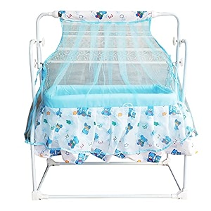 tofo new born baby mobile swing cradle with mosquito net blue canopy metal
