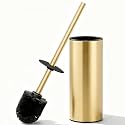 Toilet Brush and Holder Set, NEWRAIN 304 Stainless Steel Toilet Brush with Long Brush Handle, Brushed Gold Toilet Scrubber and Covered Holder, Round Design Sturdy and Space Saving, Covered Brush