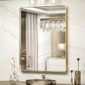 TokeShimi 28x36 Inch Gold Bathroom Mirror for Wall Metal Rounded Corner Rectangle Mirror Metal Frame Deep Set Design Hangs Horizontal Or Vertical