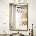 TokeShimi Bathroom Mirror for Wall 24 x 32 Inch Gold Brushed Brass Metal Rounded Corner Rectangle Mirror Wall Mirror in Metal Frame