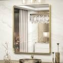 TokeShimi Gold Bathroom Mirror for Wall 30 x 36 Inch Metal Rounded Corner Rectangle Mirror Metal Frame Deep Set Design Hangs Horizontal Or Vertical