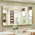 TokeShimi Gold Bathroom Mirror for Wall 48 x 30 Inch Metal Rounded Corner Rectangle Mirror Wall Mirror in Aluminum Alloy Metal Frame Deep Set Design Hangs Horizontal Or Vertical