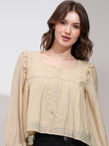 Tokyo Talkies Casual Solid Women Beige Top