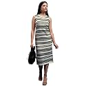 Tokyo Talkies Women Tofu &amp; Jet Black Sleveless Striped Sheath Sweater Dress