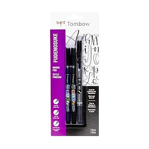 tombow 62039 fudenosuke brush pens3-pack softhardand twin tip markers for calligraphyampart drawingsblack