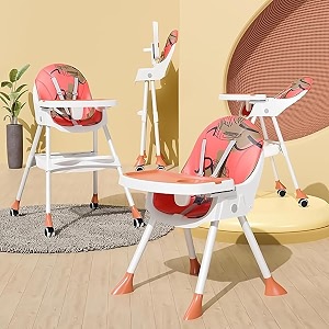 tony stark 5 in 1 latest 2024 model reclining baby high chair foldable dual dining detachable food tray height adjustable feeding seat five point safety belt upgraded version with wheels and pu cushion pad easy to clean for baby kids toddler orange printed