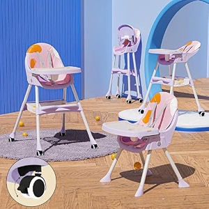 tony stark 5 in 1 latest 2024 model foldable reclining baby high chair with whels  dual dining detachable food tray height adjustable feeding seat five point safety belt upgraded version and pu cushion pad easy to clean for baby kids toddler printed purple