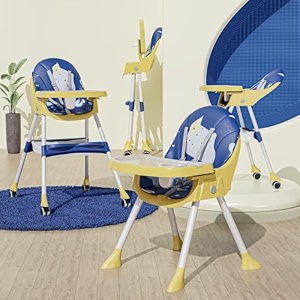 tony stark 5 in 1 latest 2024 model reclining baby high chair foldable dual dining detachable food tray height adjustable feeding seat five point safety belt upgraded version with wheels and pu cushion pad easy to clean for baby kids toddler printed blue