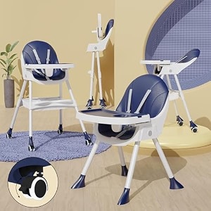 tony stark 5 in 1 reclining baby high chair foldable dual dining detachable food tray height adjustable feeding seat five point safety belt upgraded version with wheels amp pu cushion pad blue