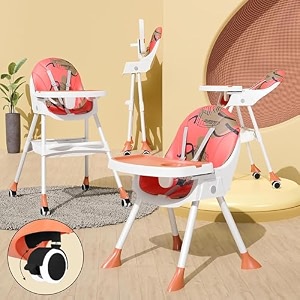 tony stark latest 5 in 1 2024 model reclining foldable baby high chair with wheels  dual dining detachable food tray height adjustable feeding seat five point safety belt upgraded version pu cushion pad easy to clean for baby kids toddler printed orange