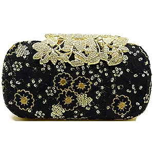 tooba women handicraft beautiful diamond crystal flower box clutch bag purse for bridal casual wedding black floral