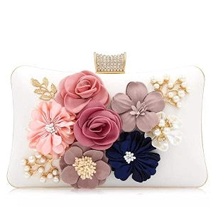 tooba women handicraft beautiful flower box clutch bag purse size 8x5 inches for bridal casual party wedding white