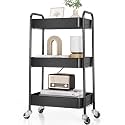 TOOLF 3 Tier Metal Rolling Cart, Utility Storage Cart with Wheels, Black