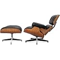 Top Black Grain Leather, Mid Century Chaise Lounge Chair and Ottoman, Modern Chair Classic Design, Walnut Wood, Heavy Duty Base Support for Living Room Office