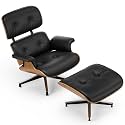 Top Black Grain Leather, Mid Century Chaise Lounge Chair and Ottoman, Modern Chair Classic Design, Walnut Wood, Heavy Duty Base Support for Living Room Office