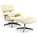 Top Black Grain Leather, Mid Century Chaise Lounge Chair and Ottoman, Modern Chair Classic Design, Ash Wood, Heavy Duty Base Support for Living Room Office