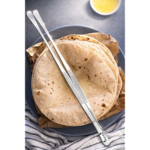 top chef 1234 cooking tweezers wide tip  tongs chimta chimti chipya pakad  for roti chapati phulka paratha tortilla flatbread papad appalam  food grade stainless steel