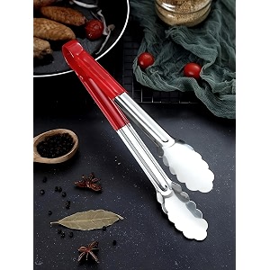top chef food tongs for cooking serving roti buffet salad bread ice bbq  stainless steel silicone handle  red 12 inches