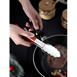 top chef food tongs for cooking serving roti buffet salad bread ice bbq  stainless steel silicone handle  red 9 inches