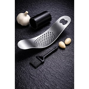 top chef garlic press with bottle opener amp peeler combo  stainless steel garlic crusher with silicone peeling tube  3-in-1 odor-free kitchen tool