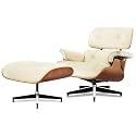 Top Cream White Grain Leather, Mid Century Chaise Lounge Chair and Ottoman, Modern Chair Classic Design, Walnut Wood, Heavy Duty Base Support for Living Room Office