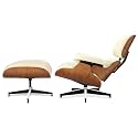 Top Cream White Grain Leather, Mid Century Chaise Lounge Chair and Ottoman, Modern Chair Classic Design, Walnut Wood, Heavy Duty Base Support for Living Room Office