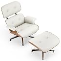 Top White Grain Leather, Mid Century Chaise Lounge Chair and Ottoman, Modern Chair Classic Design, Walnut Wood, Heavy Duty Base Support for Living Room Office