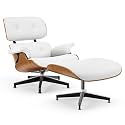 Top White PU Leather, Mid Century Chaise Lounge Chair and Ottoman, Modern Chair Classic Design, Walnut Wood, Heavy Duty Base Support for Living Room Office
