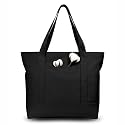 TOPDesign 1-Pack Canvas Tote Bag with an External Pocket, Reusable Grocery Shopping Bag, Top Zipper Closure, Daily Essentials (Black)