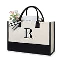 TOPDesign Personalized Initial Canvas Beach Bag, Monogrammed Gift Tote Bag for Women, Black & White, Medium