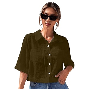 toplot v-collar solid crop shirt for women with half sleeves polyester regular fit