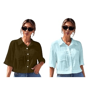 toplot v-collar solid crop shirt for women with half sleeves polyester regular fit