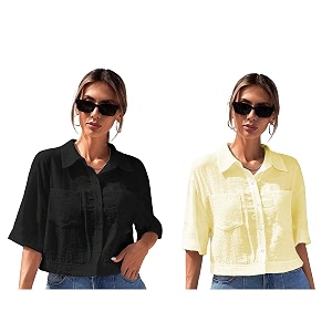 toplot v-collar solid crop shirt for women with half sleeves polyester regular fit