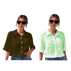 toplot v-collar solid crop shirt for women with half sleeves polyester regular fit