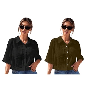 toplot v-collar solid crop shirt for women with half sleeves polyester regular fit