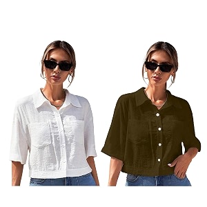 toplot v-collar solid crop shirt for women with half sleeves polyester regular fit