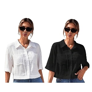 toplot v-collar solid crop shirt for women with half sleeves polyester regular fit