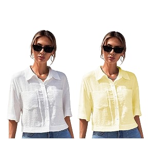 toplot v-collar solid crop shirt for women with half sleeves polyester regular fit