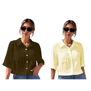 toplot v-collar solid crop shirt for women with half sleeves polyester regular fit