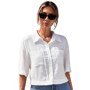 toplot v-collar solid crop shirt for women with half sleeves polyester regular fit