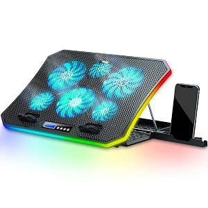 topmate c12 laptop cooling pad rgb gaming notebook cooler for desk and lap use laptop fan stand 8 adjustable heights with 6 quiet fans and phone holder for 156-173 inch laptops-ice blue led light