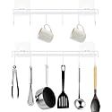 TORO Adhesive Wall Hooks Rack Kitchen Rail, Space Saving Heavy Duty Hanger with 7 for Bathroom Bedroom Closet, Utensil Hanging Knives, Spoon, Towel (White) (Pack 02)