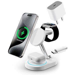 totem fast charging station for magsafe charger  apple wireless charger for magsafe iphones  3 in 1 wireless charger  magnetic charger stand for iphone 1615141312 apple watch amp airpods white