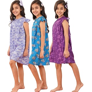 totztouch premium girls night dress  night wear  sleepwear frock cotton age baby girl 1 year to teen girls 15 years pack of 1 and 3 non irritating patch embroidery pink yellow purple